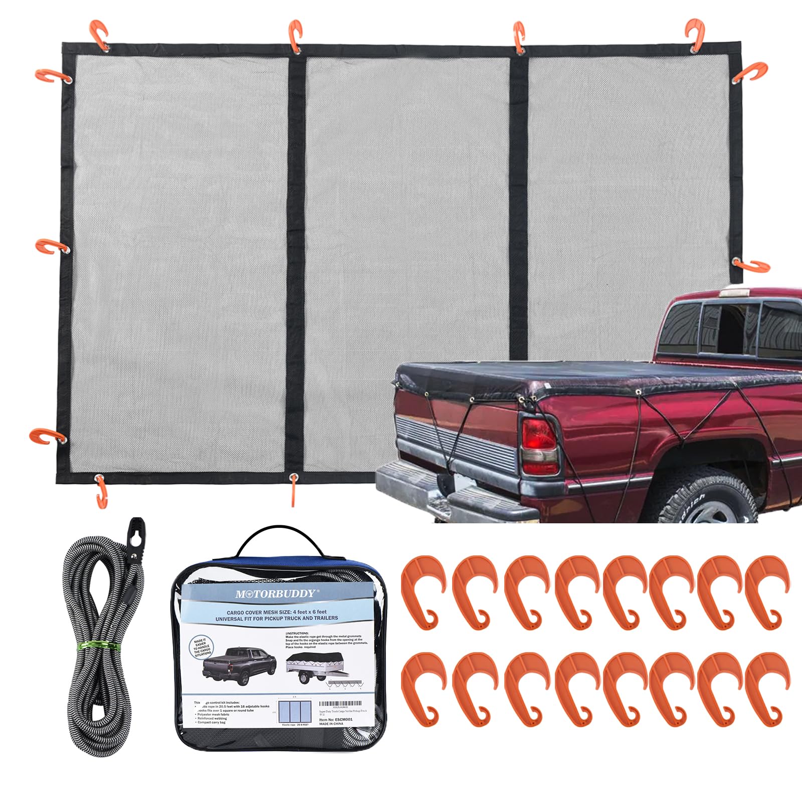 Photo 1 of Motorbuddy 6.5' x 8.2' Cargo Cover Mesh Net, Super Duty Large Loads Tighter Truck Bed Organizer Net with 16pcs Hooks & Elastic Rope, Universal for Pickup Truck SUV Trailer Boat RV