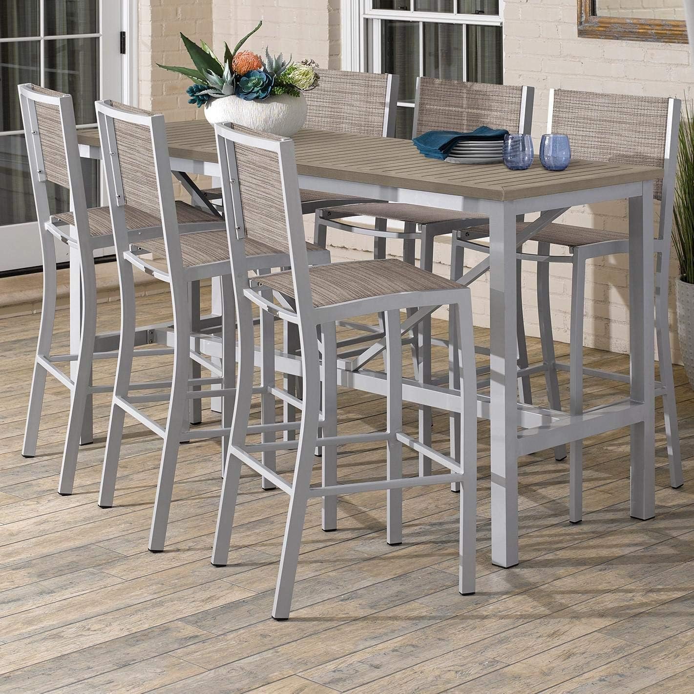 Oxford Garden Travira 7 Piece Aluminum Patio Bar Set W/ 72 X 30 Inch Rectangular Tekwood Vintage Table Bellows Sling: Garden & Outdoor
