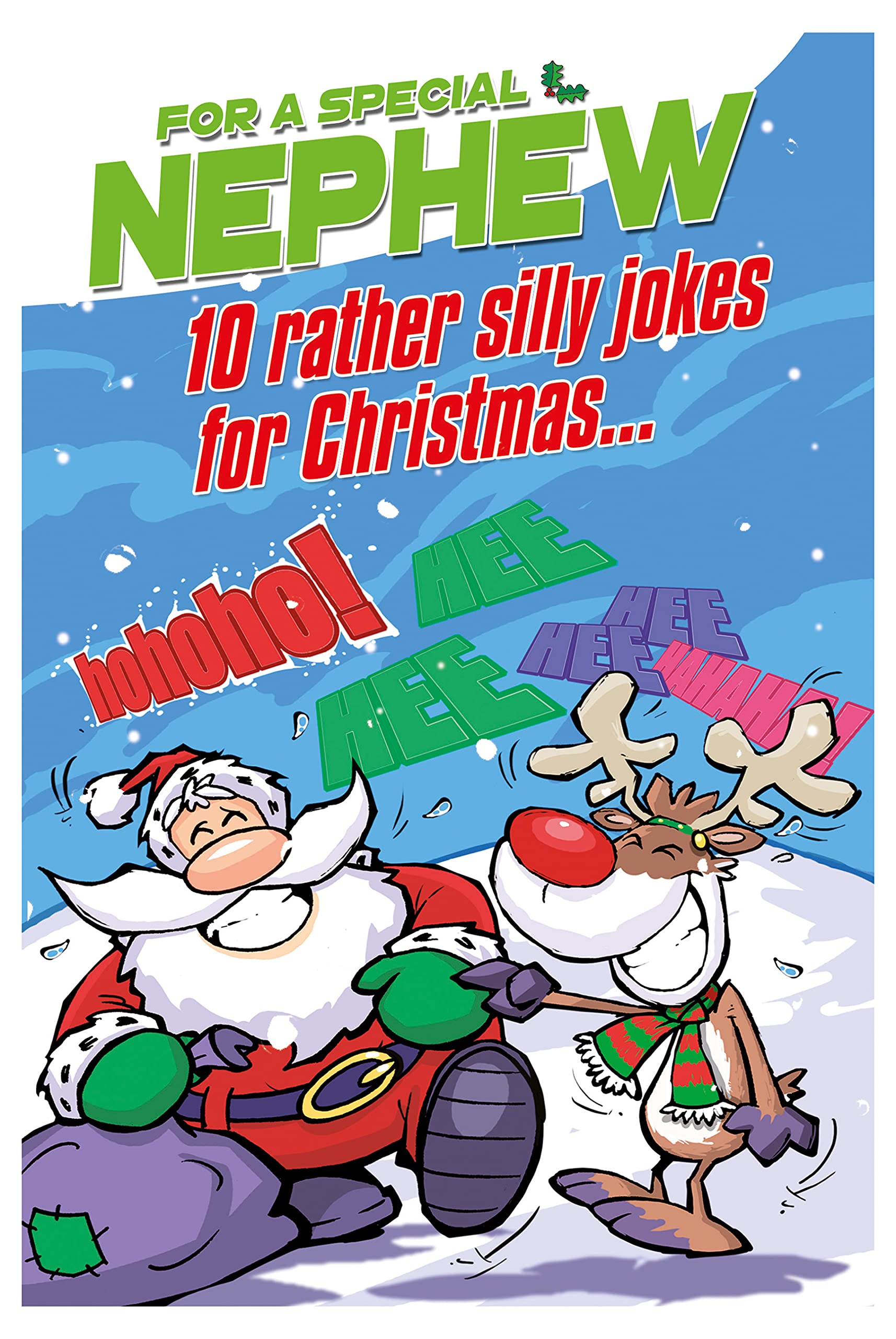 Emotional Rescue Christmas Card for a Special Nephew, 10 Rather Silly Jokes for Christmas, Nephew Xmas Card, Blue & Red, 23.5 x 15.9 cms