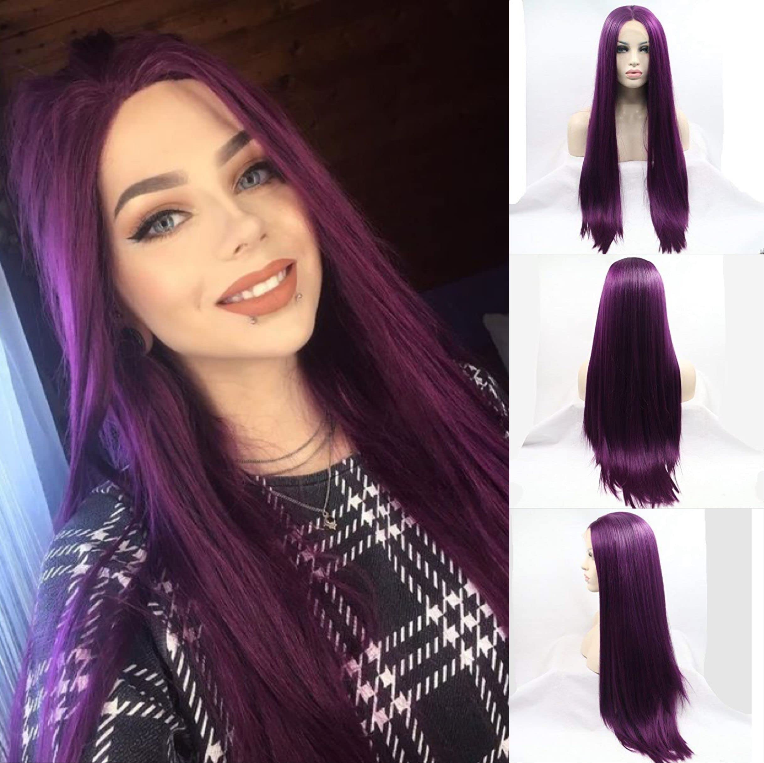 Long Straight Purple Synthetic Lace Front Wig Heat Resistant Fiber Middle Parting for Women (24 Inch, Purple/straight)
