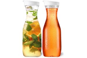 DilaBee Plastic Water Pitcher With Lid Round Carafe Pitchers for drinks, Milk, Smoothie, Iced Tea, Mimosa Bar - BPA-Free - Not Dishwasher Safe (2-Pack, 32 Ounce)