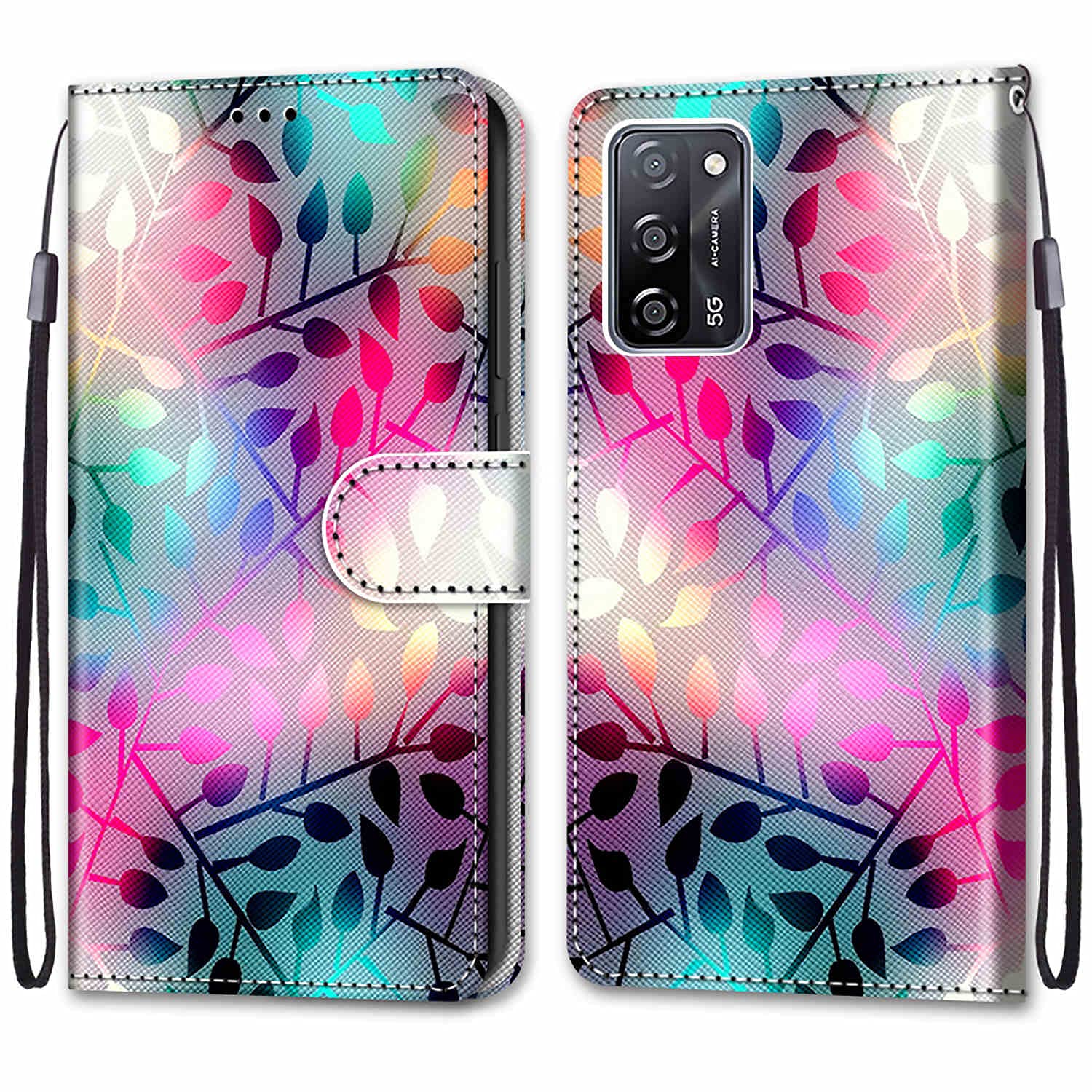 Oppo A16 / A16S / A54S Phone Case, Flip Shockproof PU Leather Wallet Card Slots Cover Gel Bumper Protective Case with Magnetic Closure Kickstand, Colorful Glass