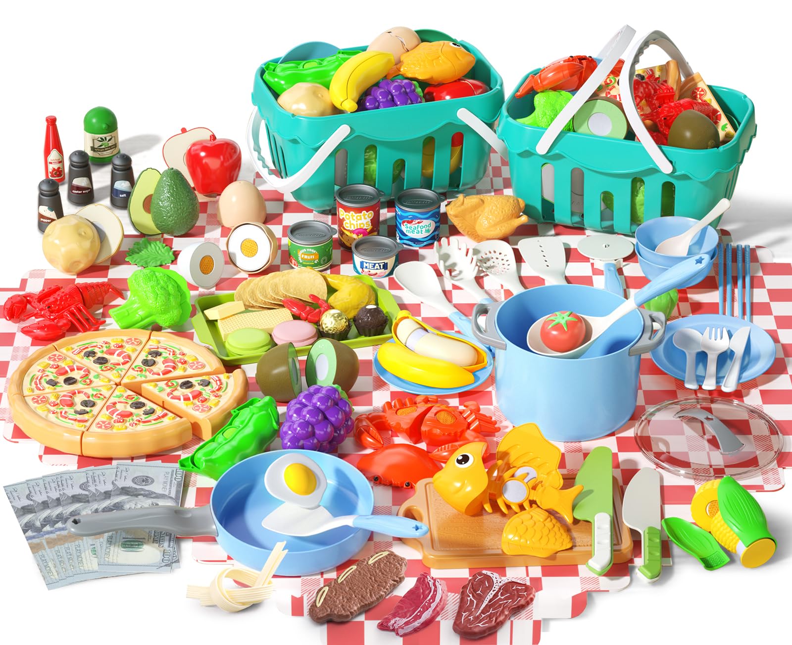 150Pcs Kitchen Playset, Toddlers Pretend Cooking Cookware Accessories, Food, Picnic Blanket, Fruits, Veges, 2Pack Shopping Storage Basket, Dessert and Prop Money, Gift for Kids (Blue) Image