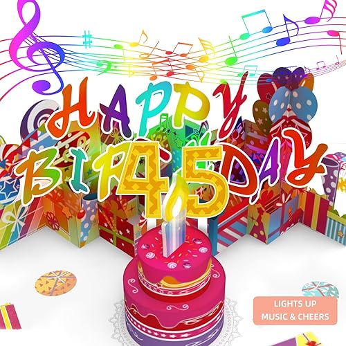 Gumry 45TH Musical Birthday PopUp Card, Blowable Colorful Light