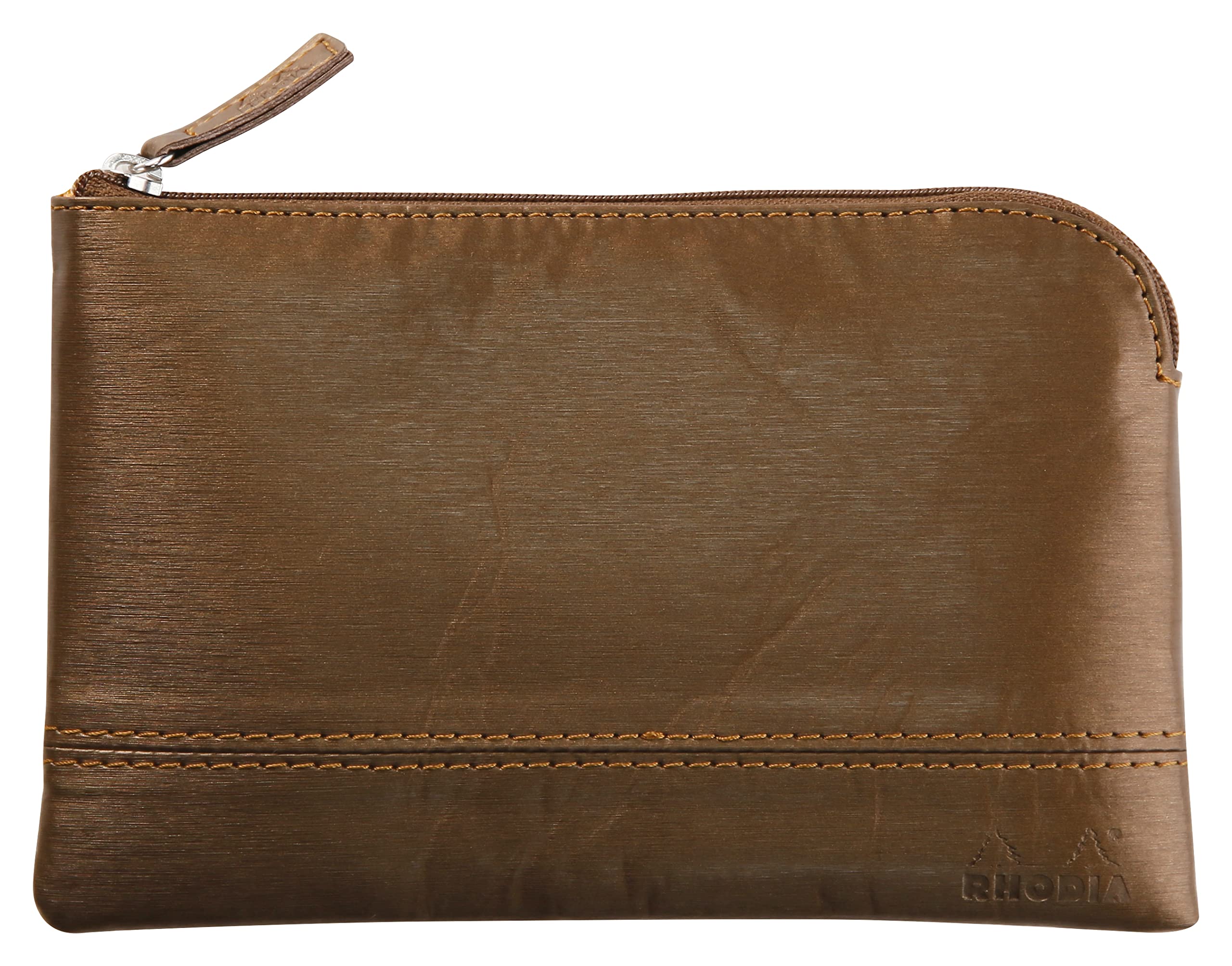 RHODIA 116519C - Faux Leather Zipped Pouch - Bronze - Size S (11 x 17 cm) - Genuine Stitching - Orange Fabric Inside - Storage for Documents, Small Supplies