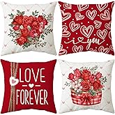 Dotegu Valentine's Day Throw Pillow Covers, 18 x 18 Inch Red Heart Mason Jars Roses Diamond Lattice Hello Valentine Love You More Decorative Pillowcases for Sofa Couch Set of 4