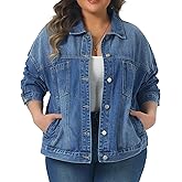 Agnes Orinda Plus Size Denim Jacket for Women Long Sleeve Button Washed Vintage Western Outfit Jean Jackets