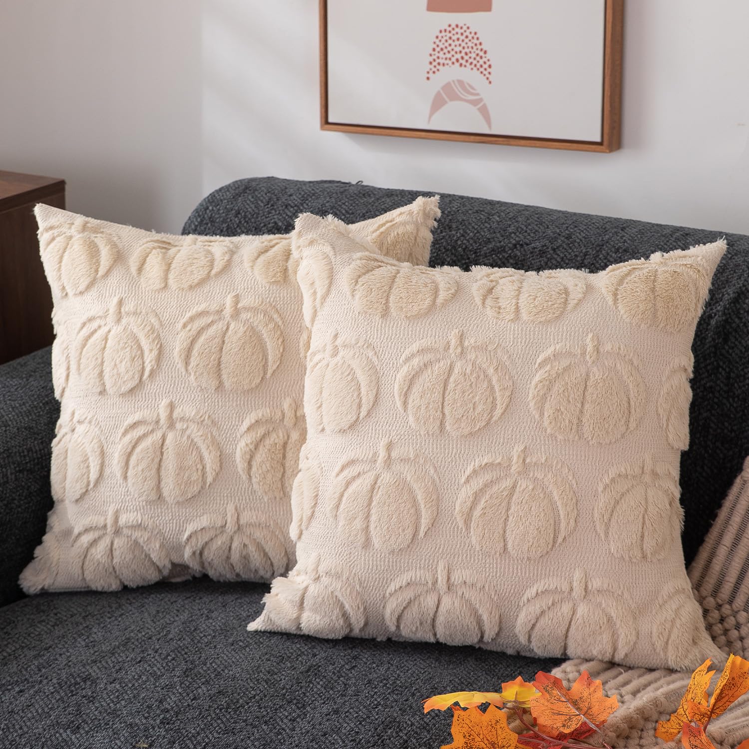 Photo 1 of DFXSZ Fall Pillow Covers 18x18 Set of 2 Fall Decorations Autumn Beige Pumpkin Throw Pillow Cases Soft Plush Faux Fur Wool Couch Cushion Case for Chair Sofa Bedroom Living Room Home Decor PTK012B18