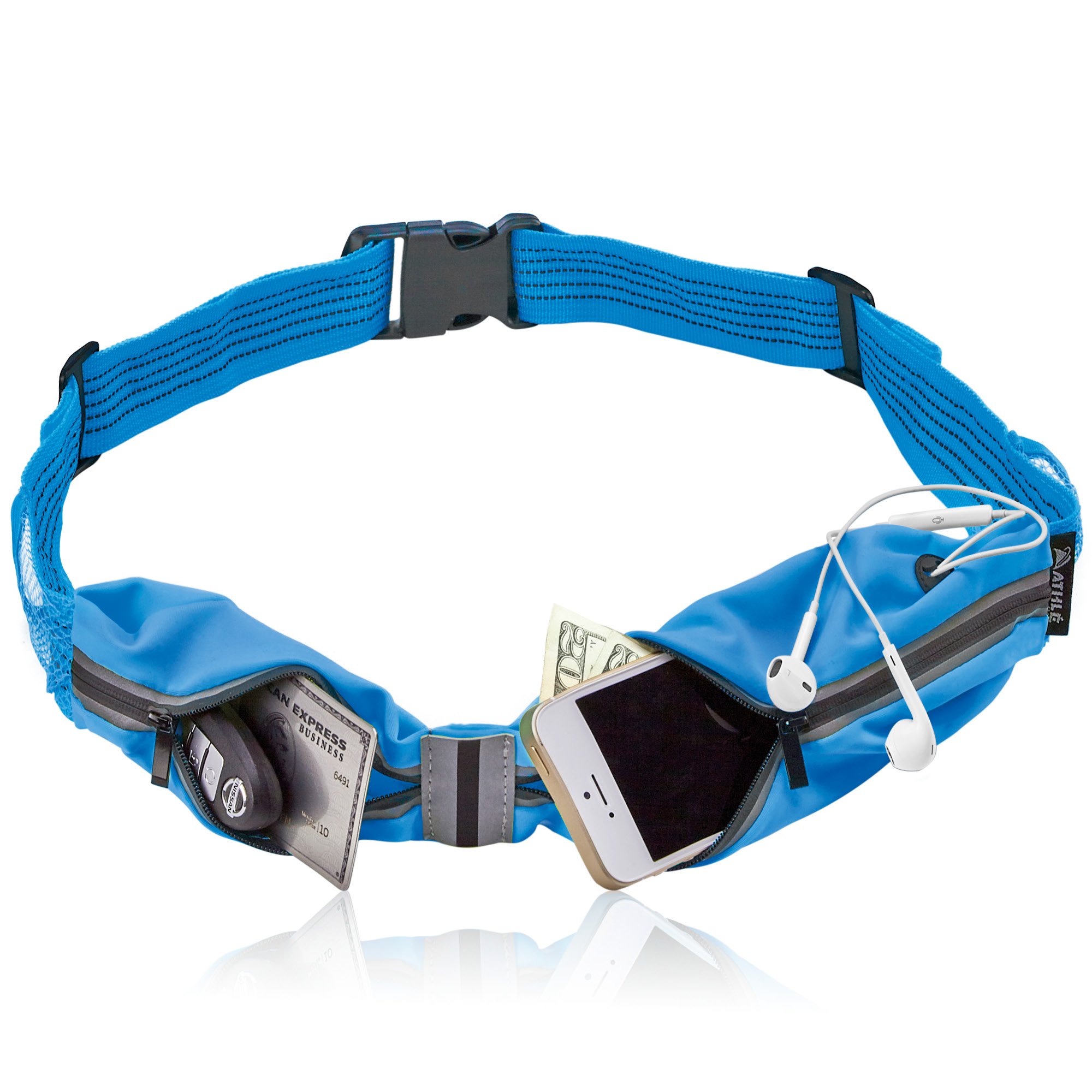 Athlé Waist Running Belt – Adjustable Jogging and Exercise Fanny Pack Storage Pouch for Phone, Keys and Wallet – 360° Reflective Band, Headphone Slot, Key Hook - Fits iPhone Plus, Galaxy Note – Blue