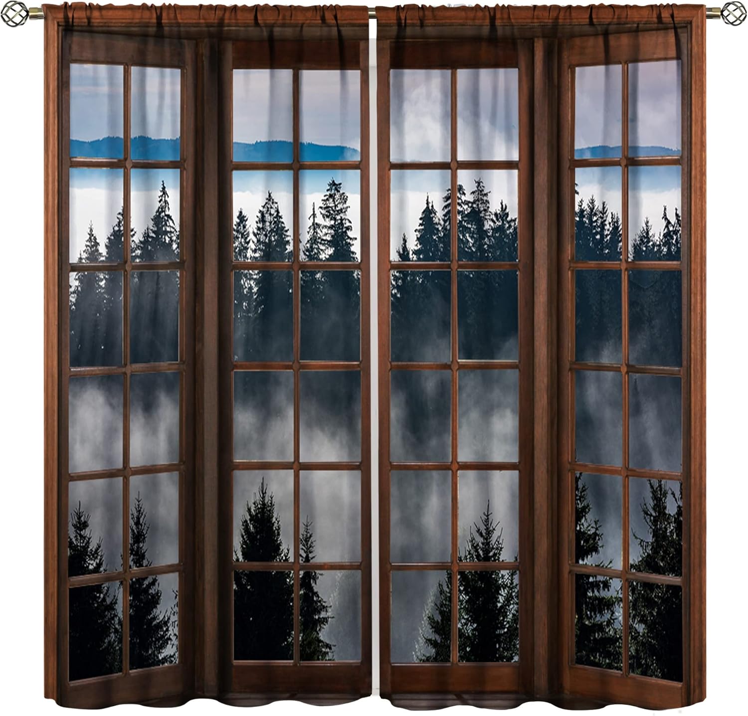 Outdoor Curtains - Misty Forest Landscape Curtains, Wooden Window Forest Mountain Rustic Bedroom Living Room Kitchen Blackout Curtains 63x72in