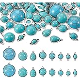 Pandahall 70Pcs Tibetan Style Teardrop Turquoise Connector Charms - Round Bohemian Earring Retro Antique Silver Western Link for DIY Boho Necklace Jewelry Making