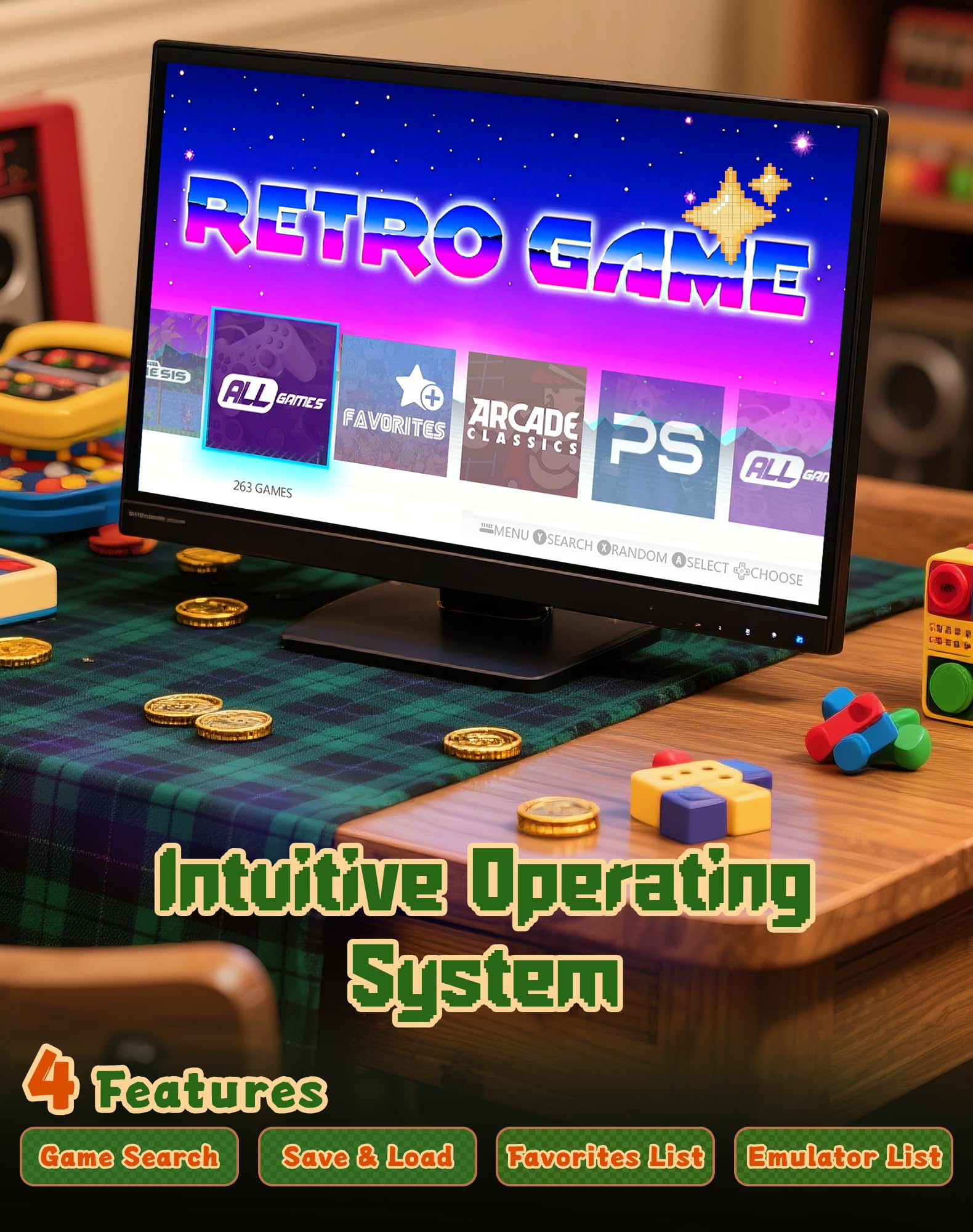 Huqjot 2025 Upgraded Retro Gaming Console Stick Pro, Video Games Console with 4K HDMI, Built-in 23 Classic Game Emulators, 20000+ Games - Video Game with Upgrade Dual 2.4G Wireless Controllers (64G)