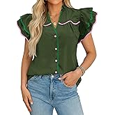 Tankaneo Womens Ruffle Short Sleeve Blouse V Neck Button Down Shirts Color Block Trendy Casual Tops