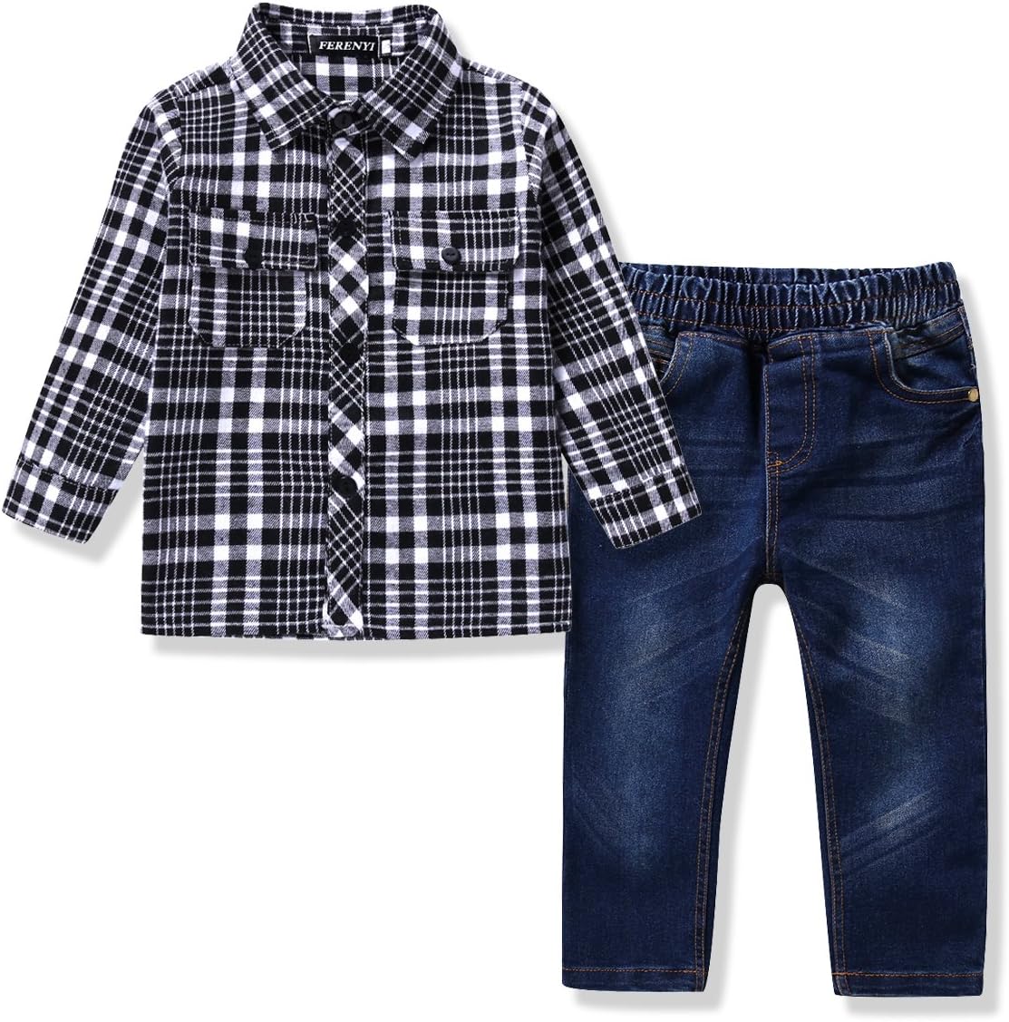 FERENYI US Kids Clothing Boys Casual Short Sleeved Plaid Shirt and Denim Jeans Sets
