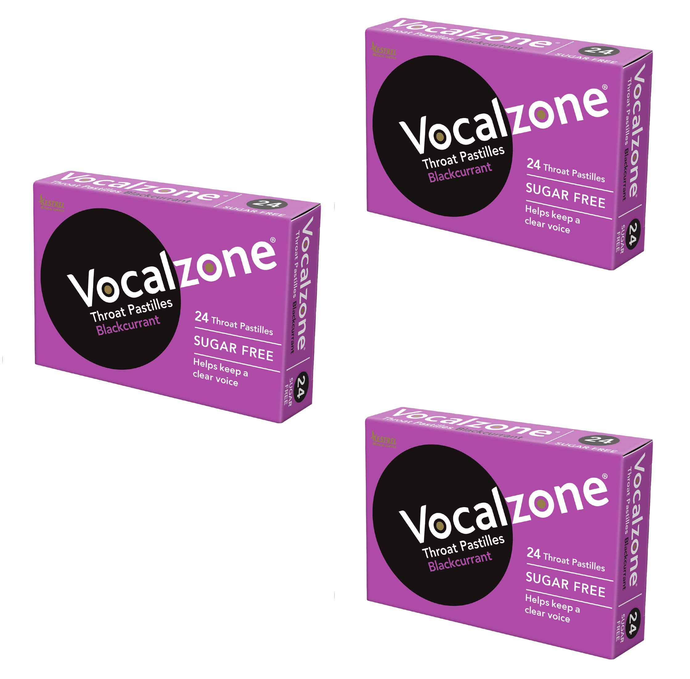 Vocalzone Throat Pastilles Blackcurrant Sugar Free 3 Packs 24- for Sore Throats and Hoarseness When Overusing Your Voice. Produced and Sold in the United Kingdom Since 1912.