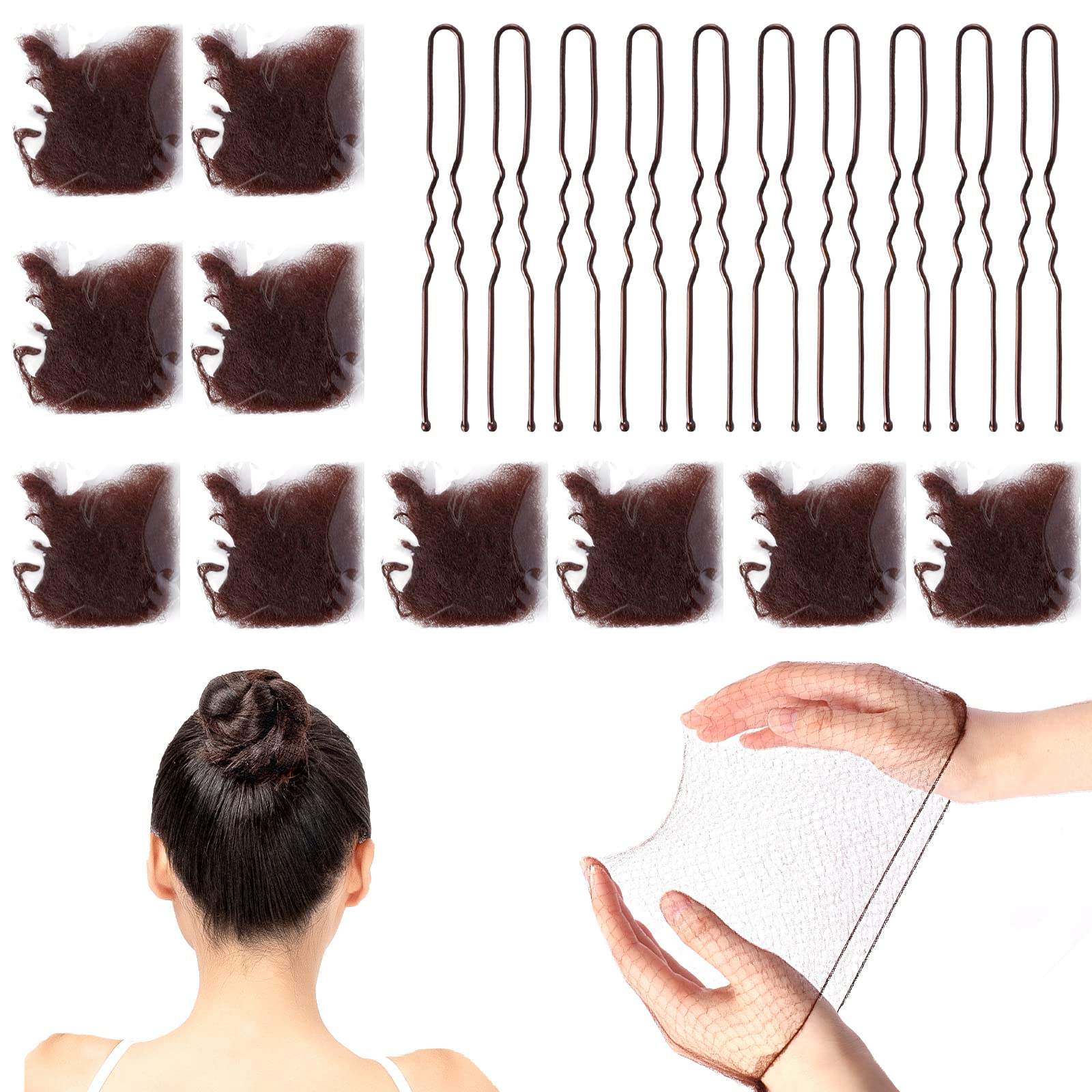Hair Nets for Buns, 20Pcs Hair Bun Nets Brown with 20Pcs U Shaped Hair Pins for Buns, Hair Bun Net Set Elastic Edge Mesh Invisible Ballet Hair Net for Girls Women
