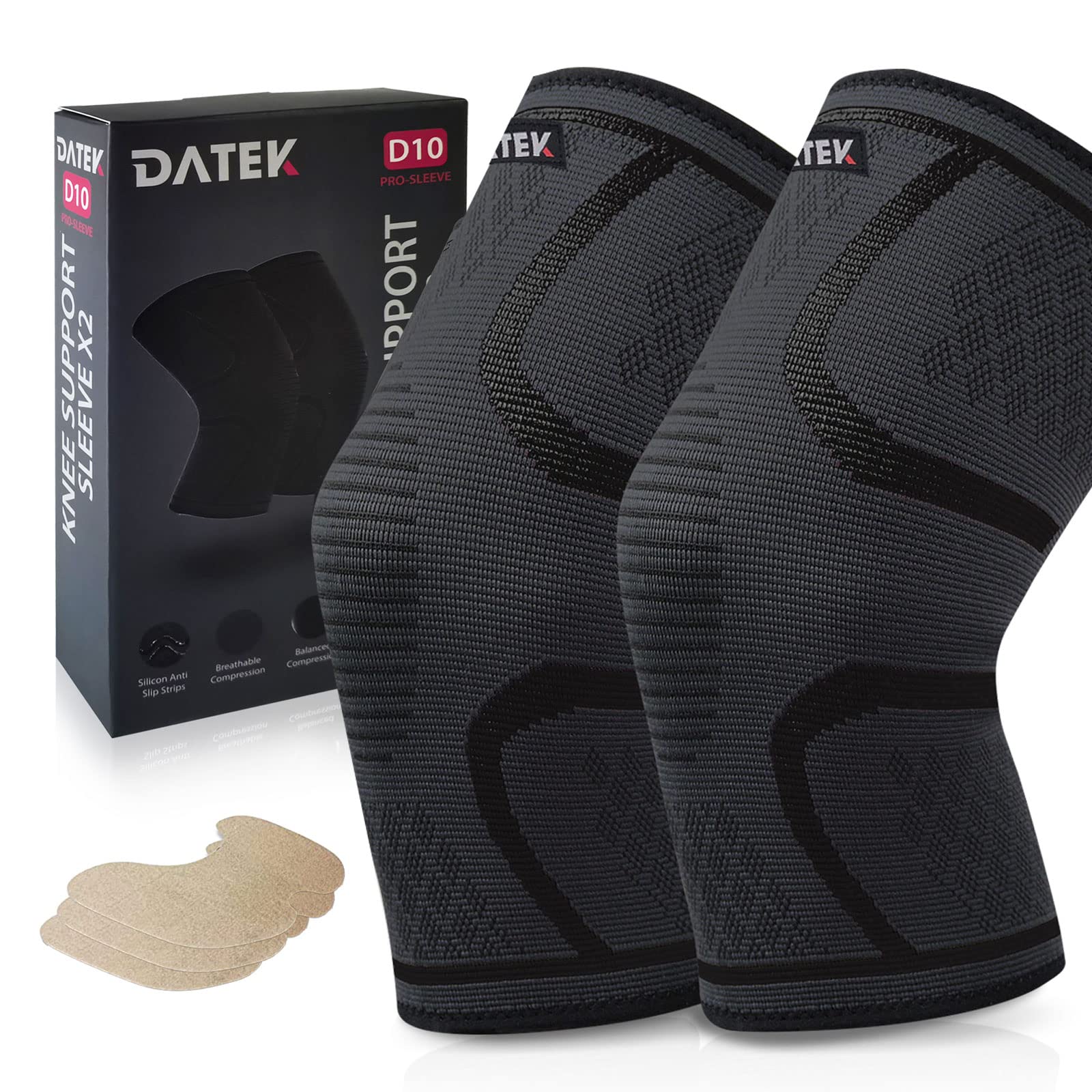 Datek Pair of Knee Brace Support Sleeves. Unisex compression knee sleeve to relieve knee pain, Meniscus tear, Arthritis. FREE 3 Natural Pain Relief Knee Plasters. Suitable for sports. (L)