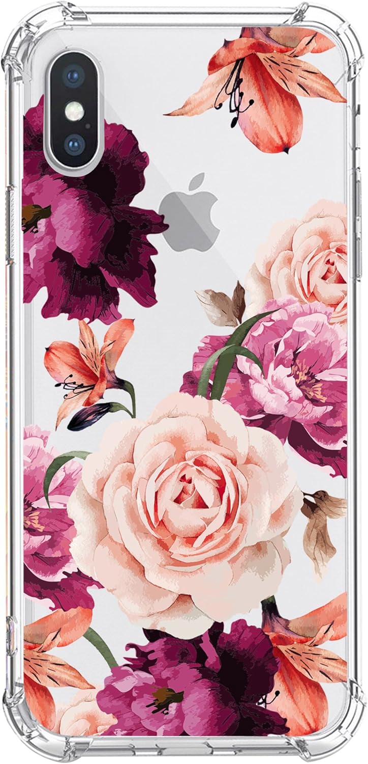 KIOMY Case for iPhone Xs iPhone X for Girls Women Clear with Cute Flower Design Shockproof Bumper Protective Floral Cell Phone Back Cover Flexible Slim Fit Soft Rubber Skin for Apple iPhone Xs 10 Ten