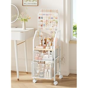 SWTYMIKI Rolling Jewelry Organizer Stand, Metal Display Storage Holder | Stores 16+ Necklaces, 50+ Pairs of Earrings, 10+ Bra