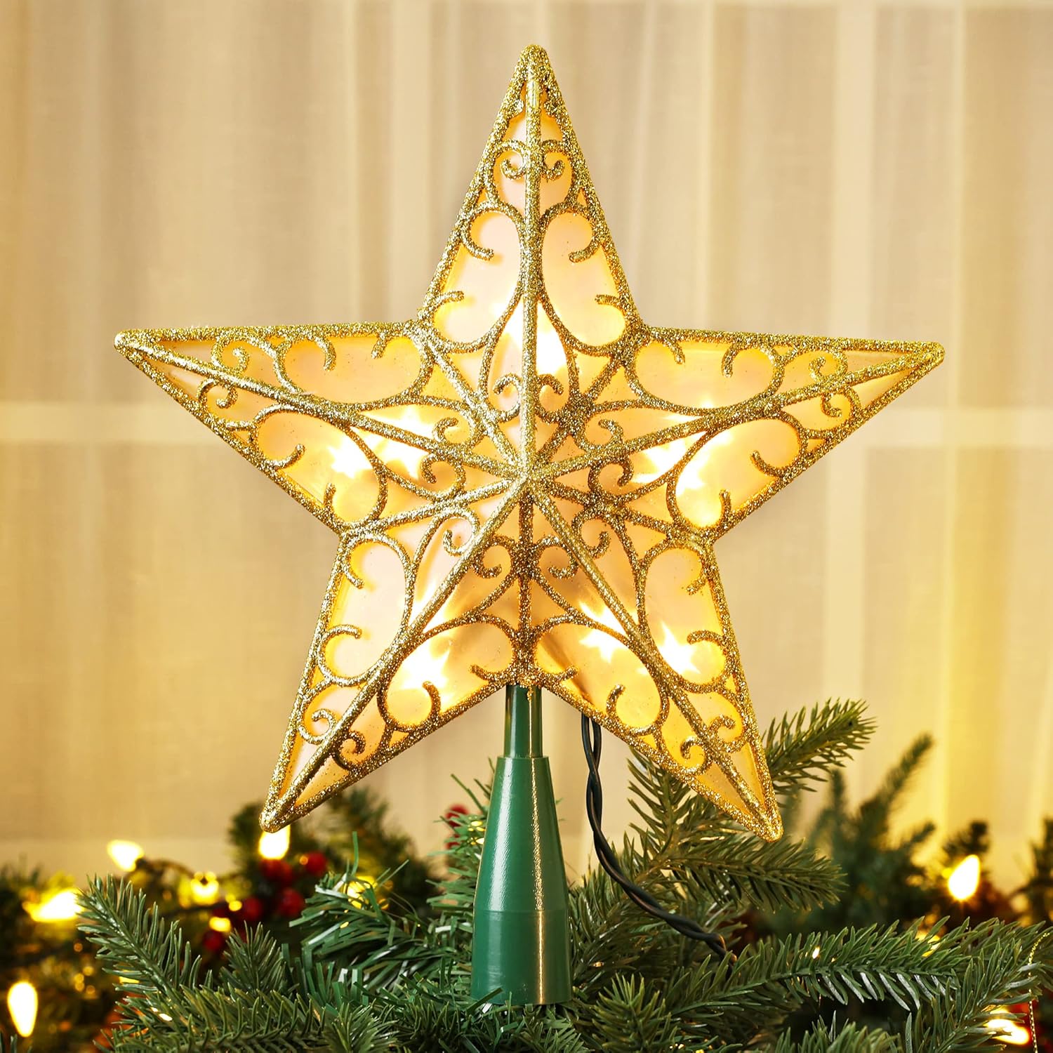 Tree Toppers - ODEETRONIC Christmas Star Tree Topper Lights, 9in UL Listed 3D Star Tree Topper, Double Sided Christmas Tree-top with 10 Count Incandescent Warm White Lights for Xmas Tree New Year Home Decor, Gold