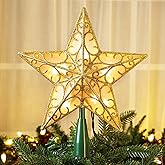 Brizled 9.5” Christmas Star Tree Topper, Gold Dual-side 3D Star Treetop, Glittered Tree Top with 10 Warm White Lights, UL Certified Lighted Xmas Treetop for Holiday Christmas Tree Decor
