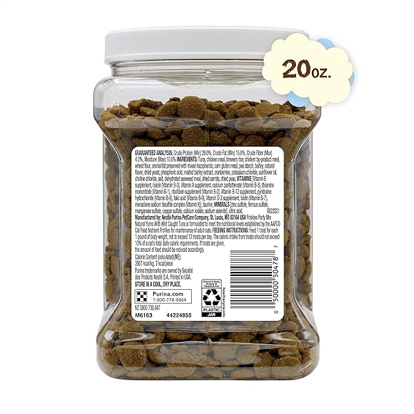 PURINA FRISKIES NATURAL CAT TREATS, PARTY MIX NATURAL YUMS WITH WILD CAUGHT TUNA AND ADDED VITAMINS, MINERALS AND NUTRIENTS – 20 OZ. CANISTER
