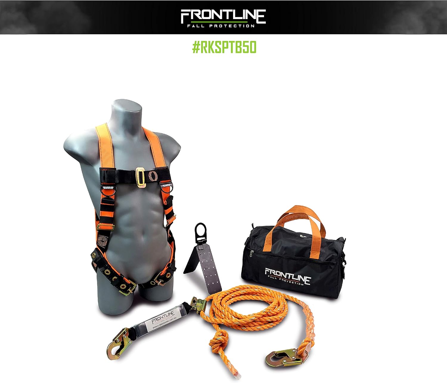 Frontline RK5PTB50 Combat Complete Roofers Kit with 50' Lifeline | Combat Economy Series Full Body Harness | 50’ Vertical Lifeline with Rope Grab | Hinged Reusable Roof Anchor | OSHA & ANSI Compliant - - 