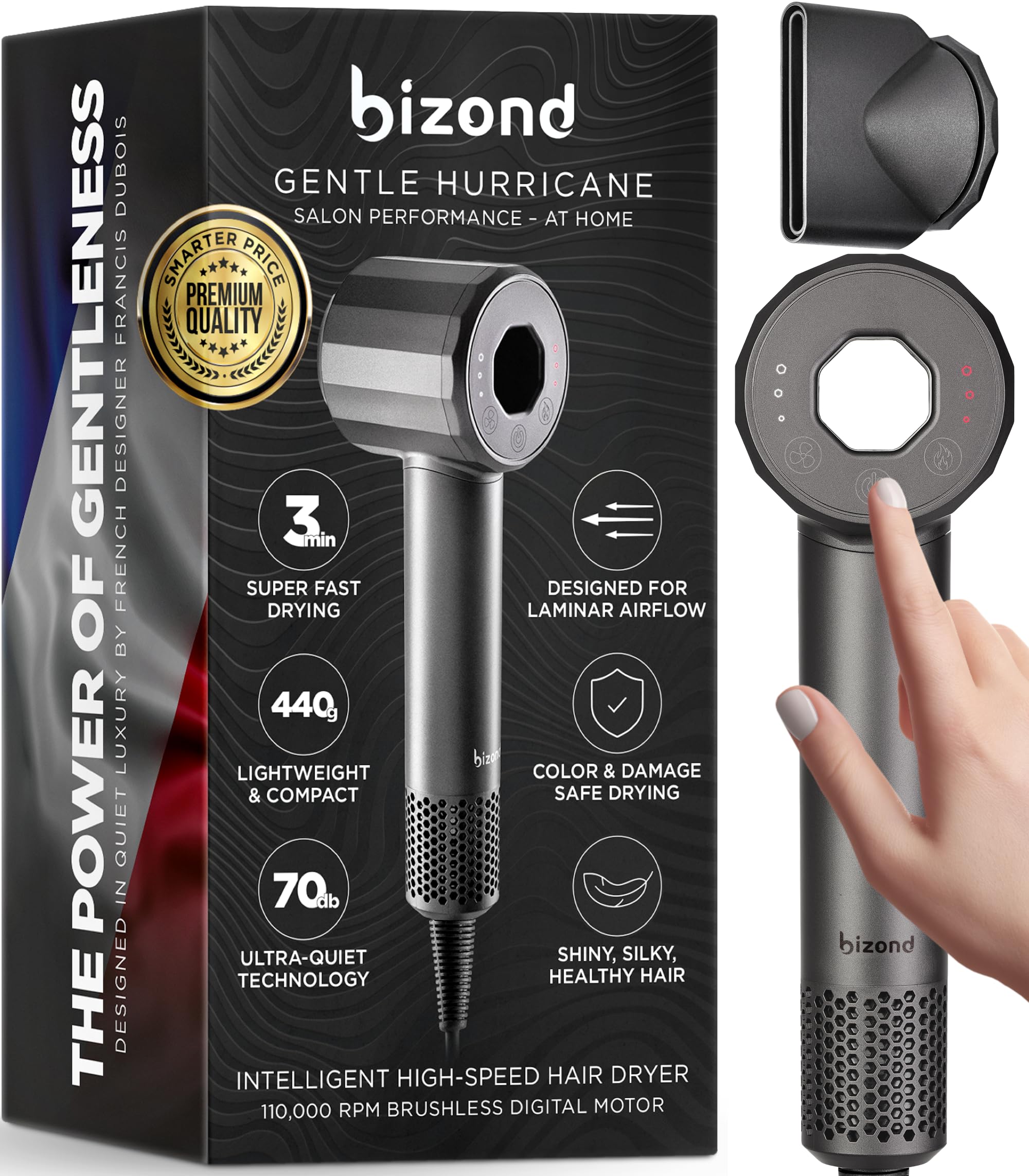 Photo 1 of BIZOND Ionic Hair Dryer Premium Quality, High-Speed Professional Brushless Motor 110,000 RPM, 1600W Power, 9 ft Long Cord and Magnetic Nozzle, Lightweight Blow Dryer, Ultra Quiet Fast Drying (Gray)