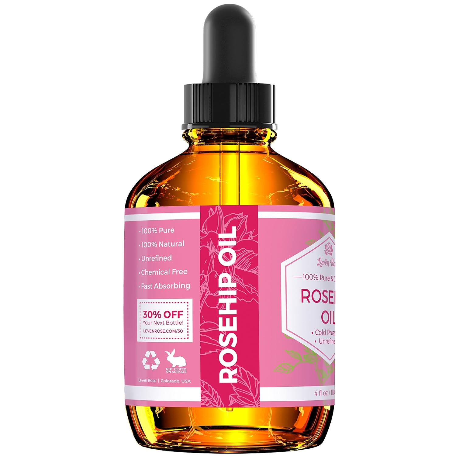Rosehip Seed Oil by Leven Rose, 100% Pure Organic Unrefined Cold Pressed Anti Aging Rose Hip Moisturizer for Hair Skin & Nails, 4 Fl. oz…: Beauty