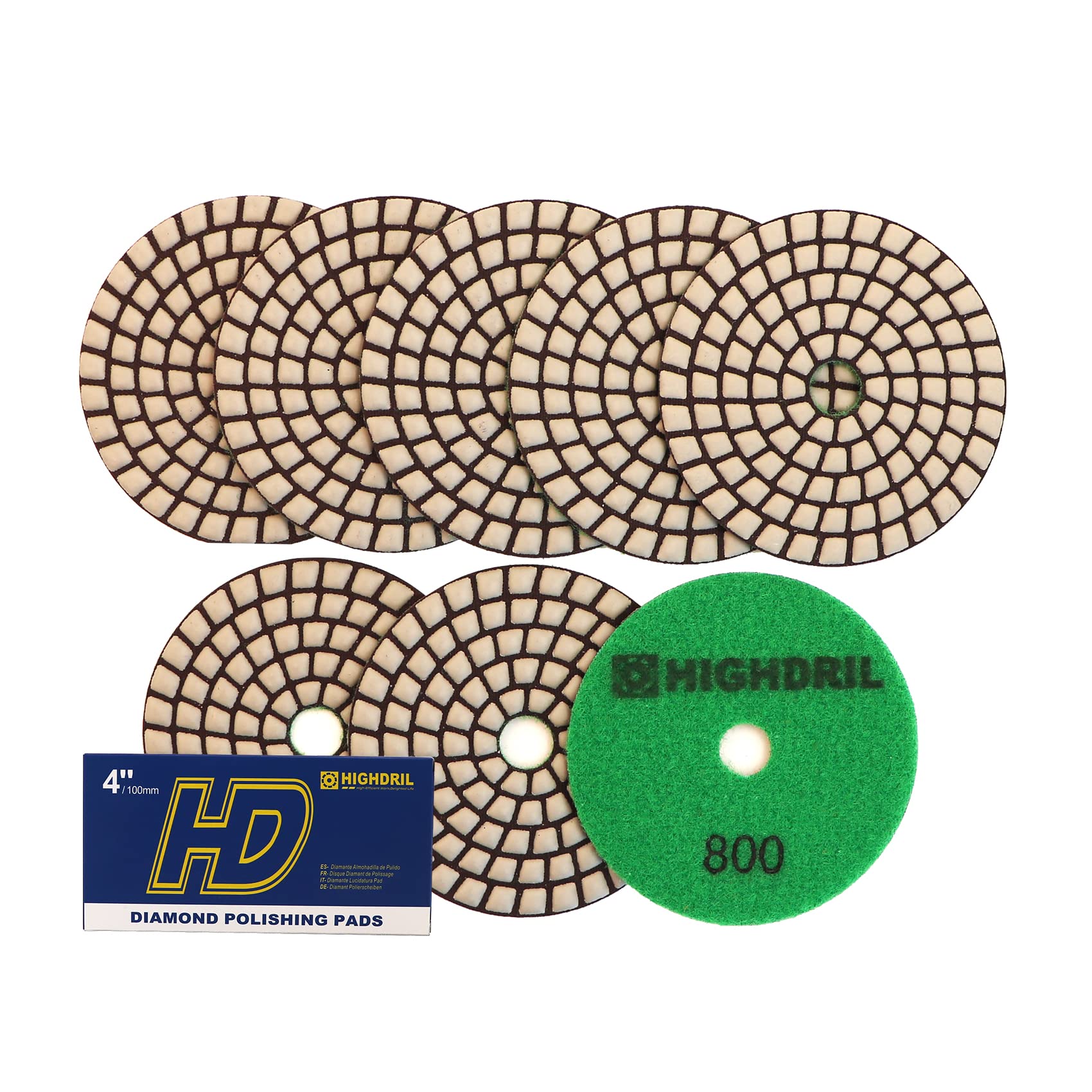 HIGHDRIL Dry Diamond Polishing Pad - 8PCS #800 Sanding Pads 100MM for Granite Stone Marble Floor Grinder Polish Pad Kit for Drill, Grinder, Polisher