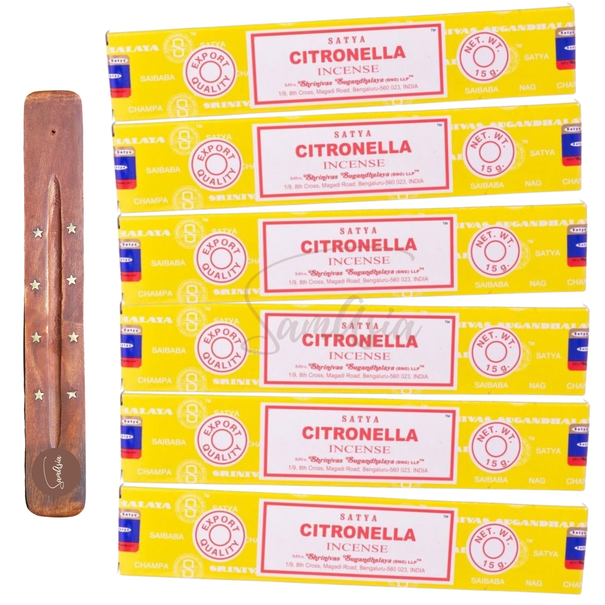 Satya Nag Champa Citronella Incense Sticks | x6 pack | with SAMASIA incense sticks holder | Used for Aromatherapy, Spa, Yoga, Weddings, Meditation, Healing, Positivity and Relaxation