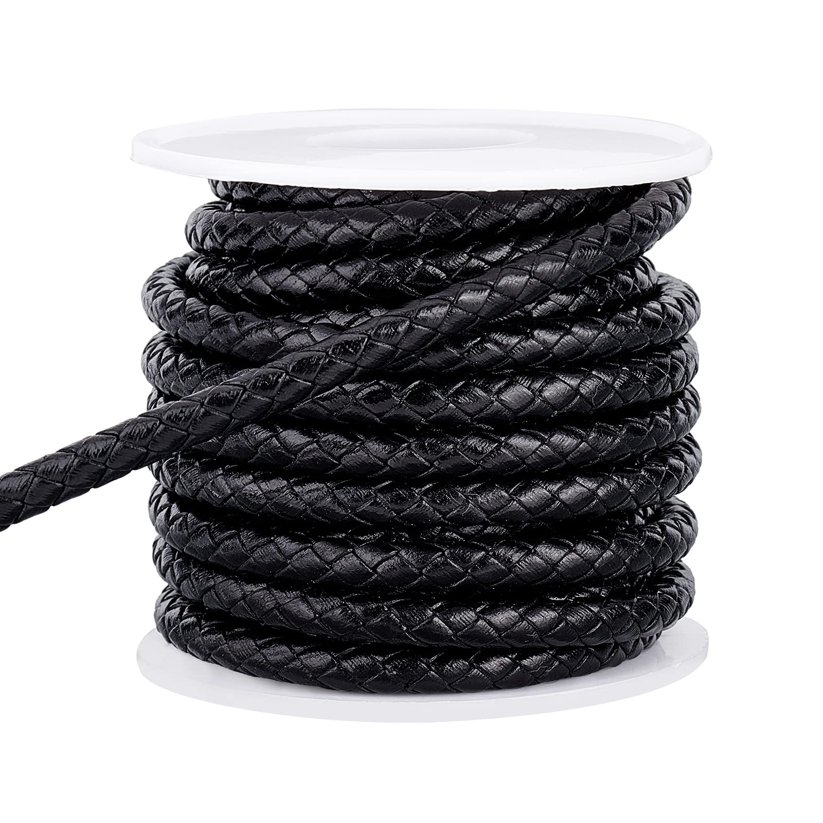 OLYCRAFT 5.5 Yards 5mm Round Braided Genuine Leather String Black Round Folded Braided Round Braided Cord with Spool for DIY Handmade Necklace Bracelet Jewelry Making Crafts Findings Christmas Wrapper