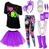 Vabean 19 Pcs 80s Costume Set T Shirt Leggings Tutu Skirt Headband Necklace Bracelets Earrings Gloves Leg Warmers for Women