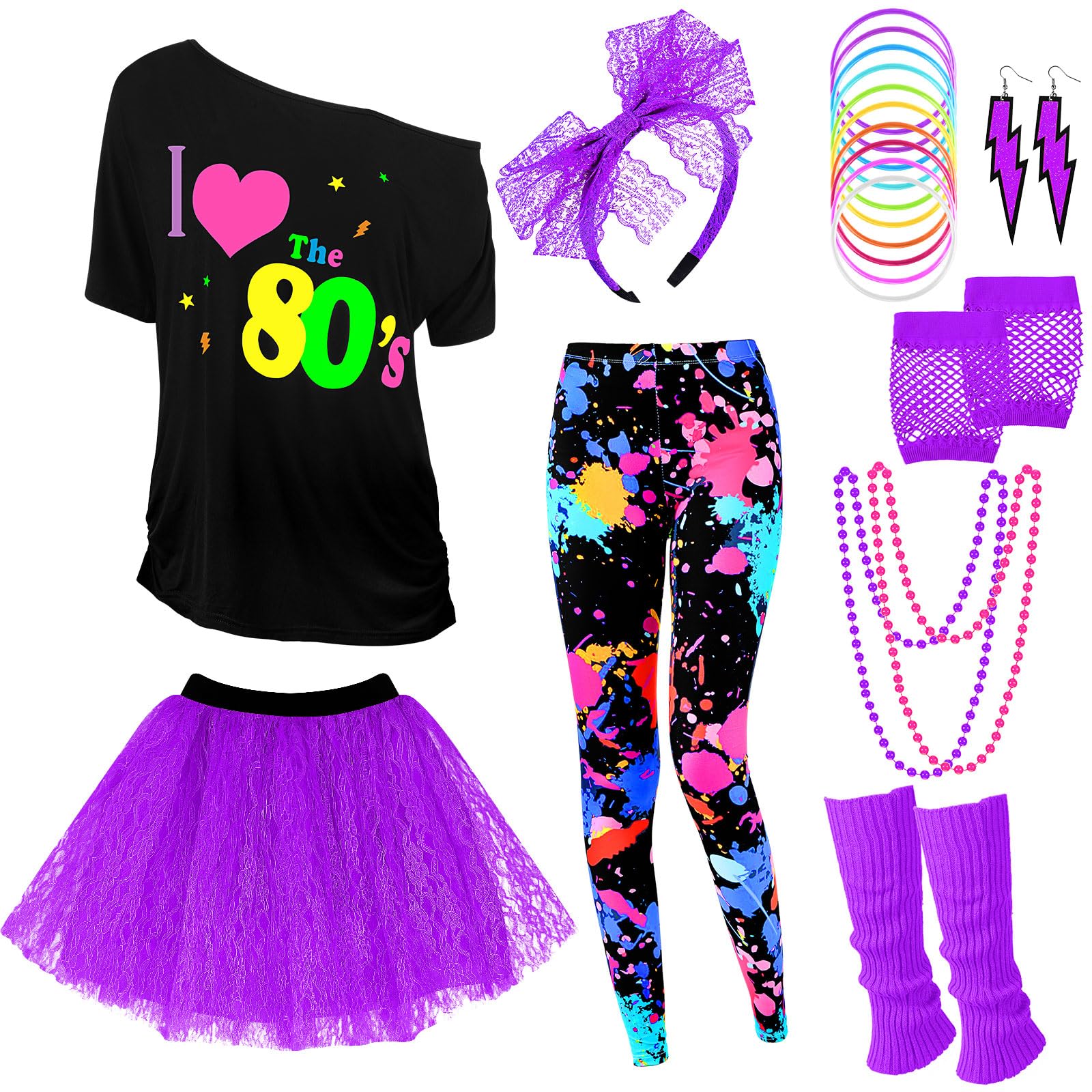 Photo 1 of ***(MISSING PARTS)***Vabean 19 Pcs 80s Costume Set T Shirt Leggings Tutu Skirt Headband Necklace Bracelets Earrings Gloves Leg Warmers for Women(Large,Purple)