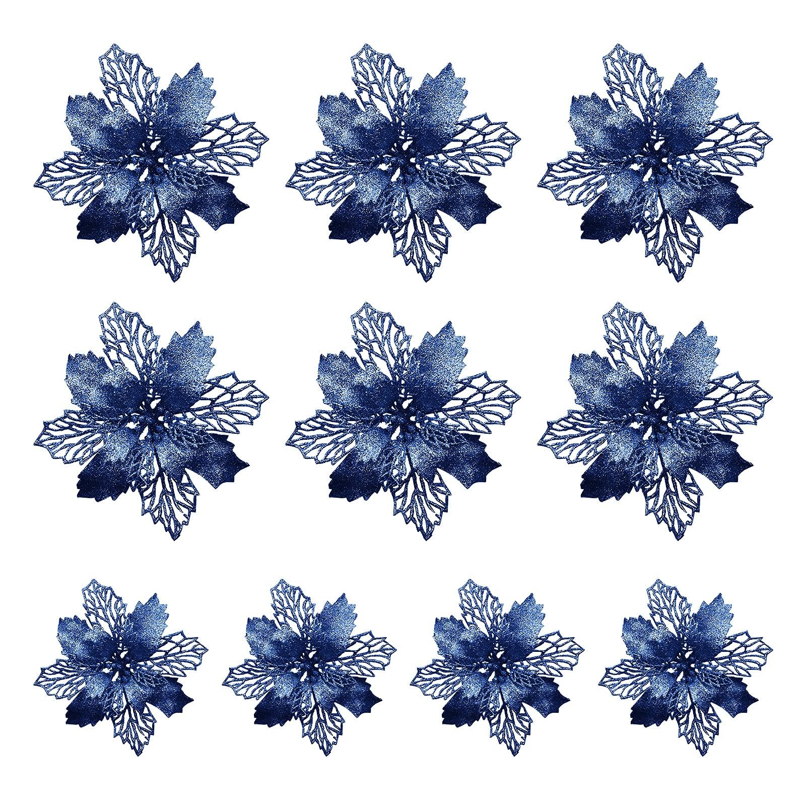 LEMCC 10PCS Artificial Poinsettia Christmas Flowers Decorations with Clips Blue Poinsettia Flowers Glitter Christmas Tree Ornaments for Xmas Wedding Party Wreath DIY, 11cm/4.3inch