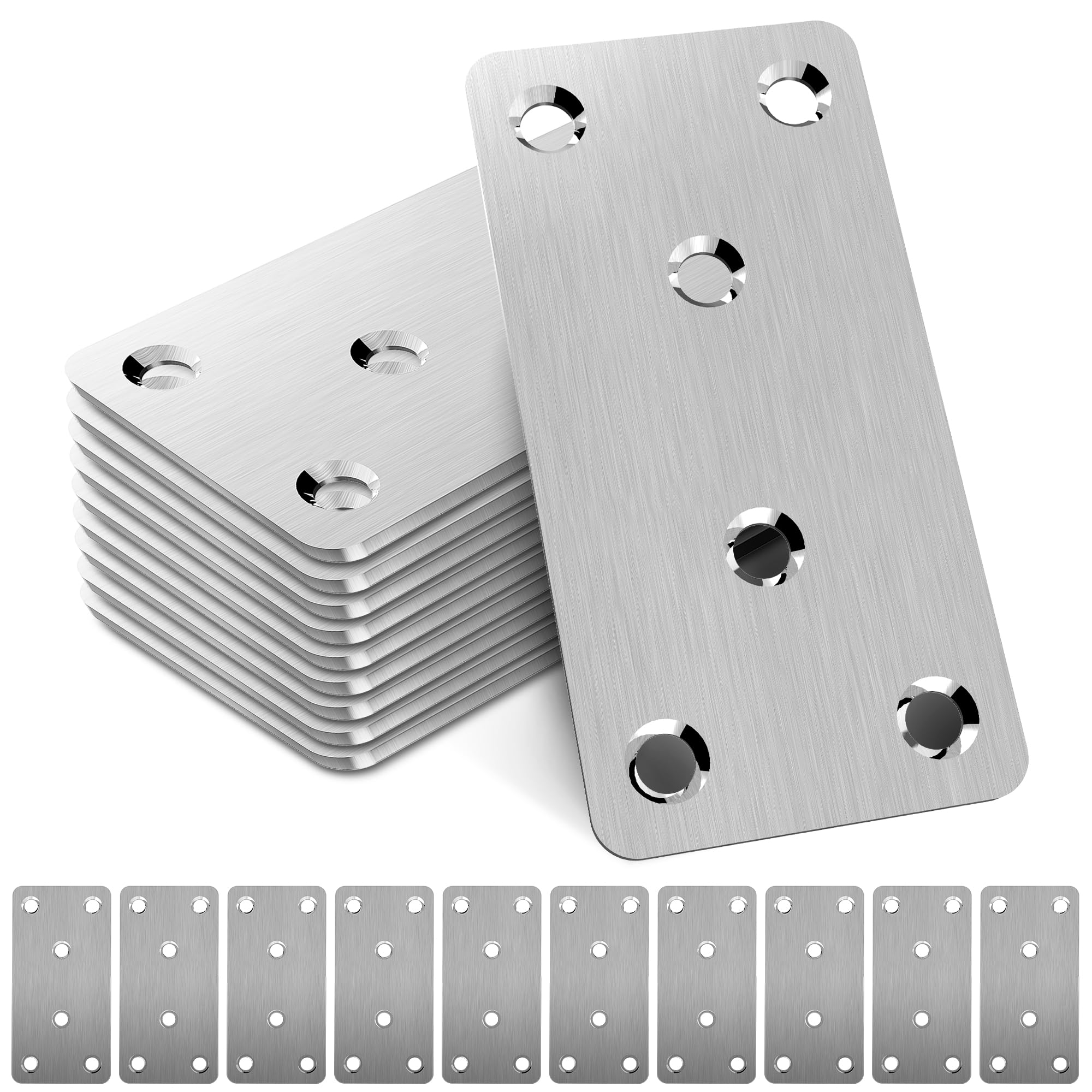 10pcs Metal Flat Brackets for Wood, 80 × 40 × 1.75mm Heavy Duty Stainless Steel Mending Plates, Sleeper Brackets for Fence Post and Timber Fixing and Joining