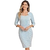 Allegra K Tweed Dress for Women Elegant 3/4 Sleeve Plaid Business Work Bodycon Pencil Dress