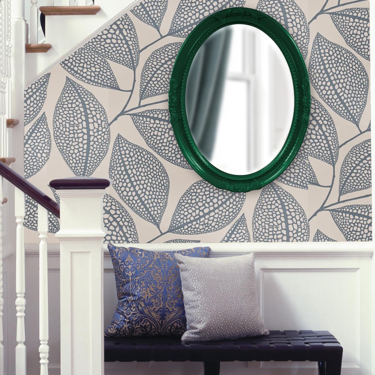 Howard Elliott Queen Ann Oval Glossy Hunter Green Wall Mirror, Oval Bevelled Hanging Wood Framed Vanity Mirrors for Home Decor, Living Room, Bathroom, Bedroom, or Hallway, 25 x 33 Inch Image