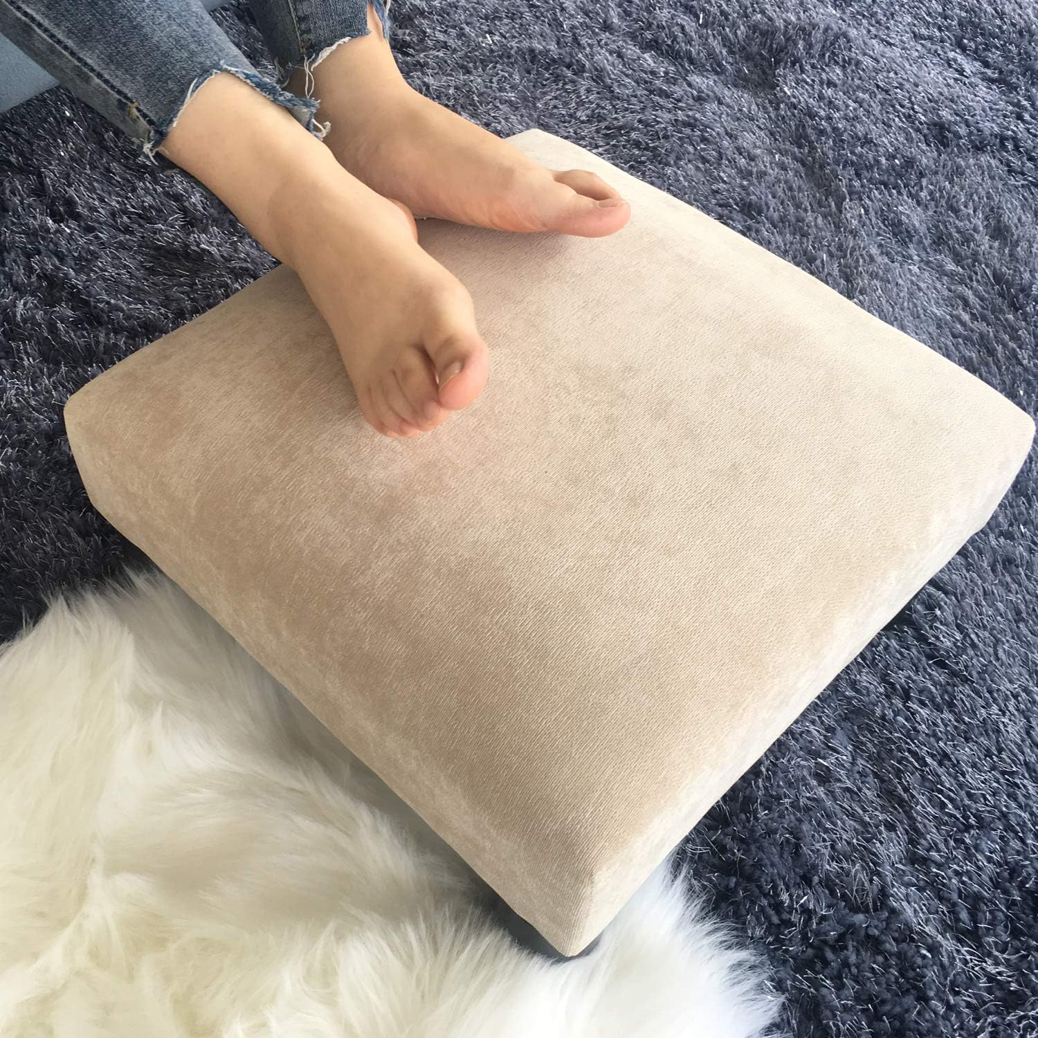 Adeco Small Footstool Geometric Art – Cuboid & Cylinder, 17.5x17.5x9 Ottoman Footrest, 16x16x9, Fresh Wheat