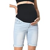 V VOCNI Maternity Denim Shorts Over The Belly Rolled Cuff Midrise Bermuda Short Pregnancy Jean Shorts