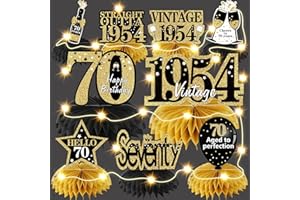Bumqviy 9Pcs 70th Birthday Honeycomb Centerpieces Decorations with String Lights for Women Men, Black Gold Vintage 1954 Aged to Perfection Table Party Supplies, 70 Year Old Birthday Party Table Sign