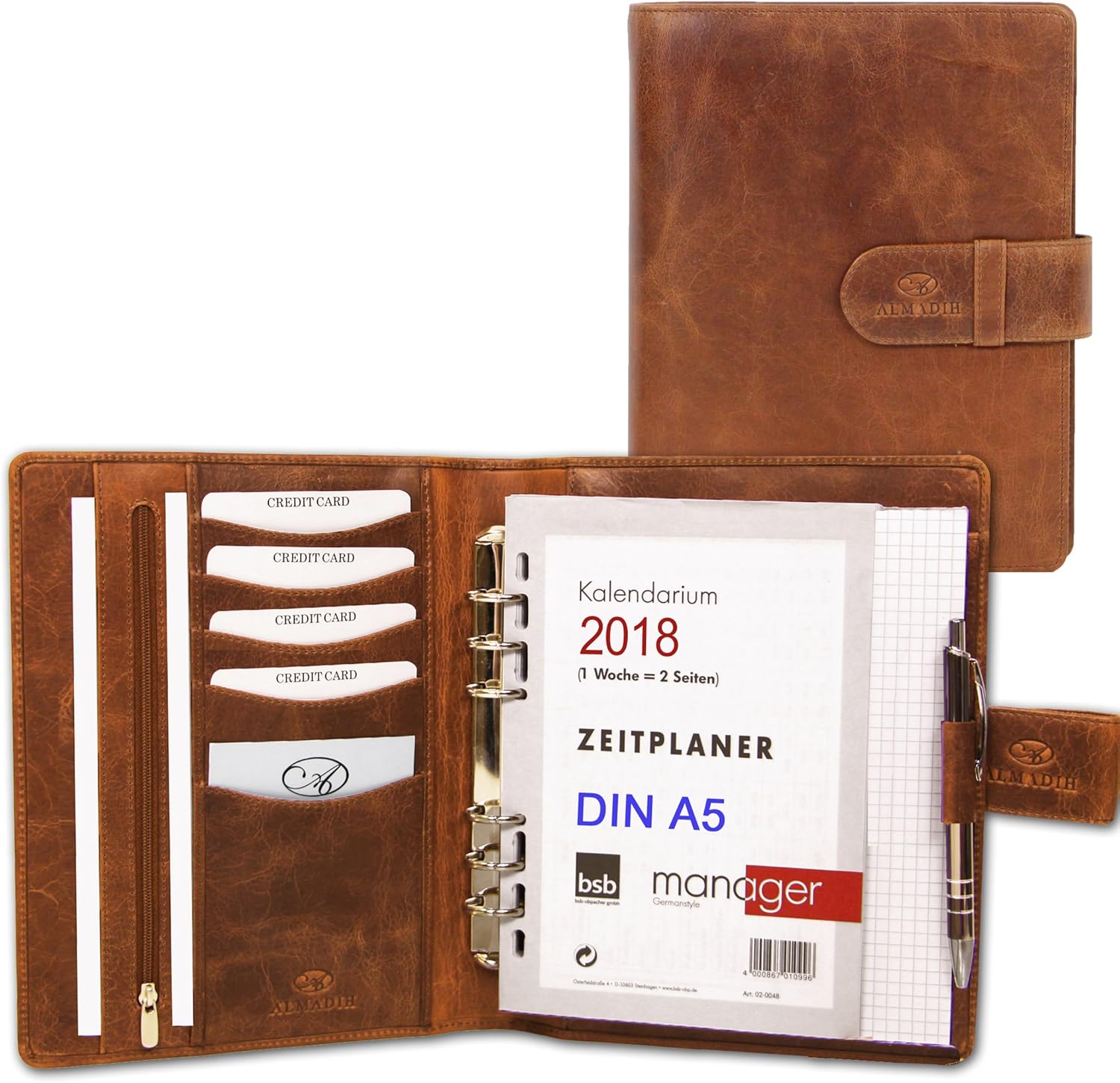 Almadih Leather Organizer A5 with Rings Brown VT Genuine Leather