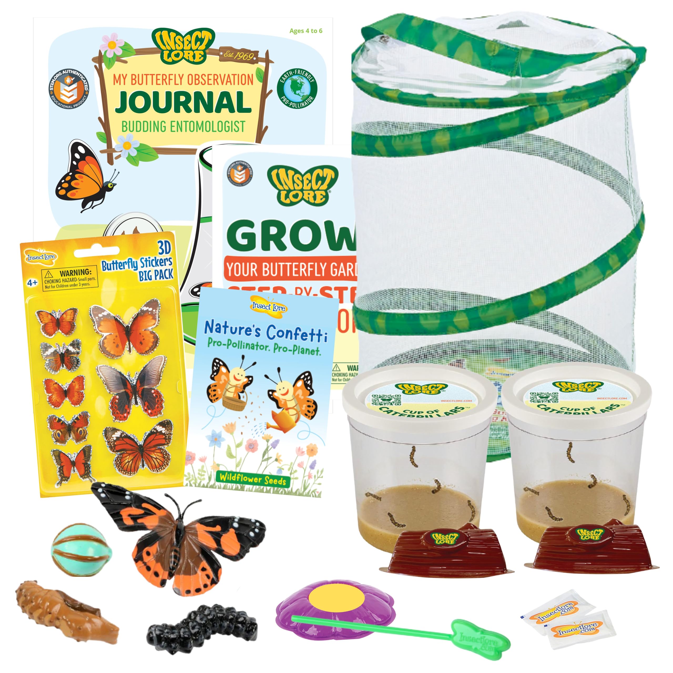 Insect Lore Butterfly Garden Kit with Live Caterpillars – Grow 10 Painted Lady Butterflies - STEM Learning Activity, Habitat with Journal, Stickers, Seeds & Figurines - As Seen on TV