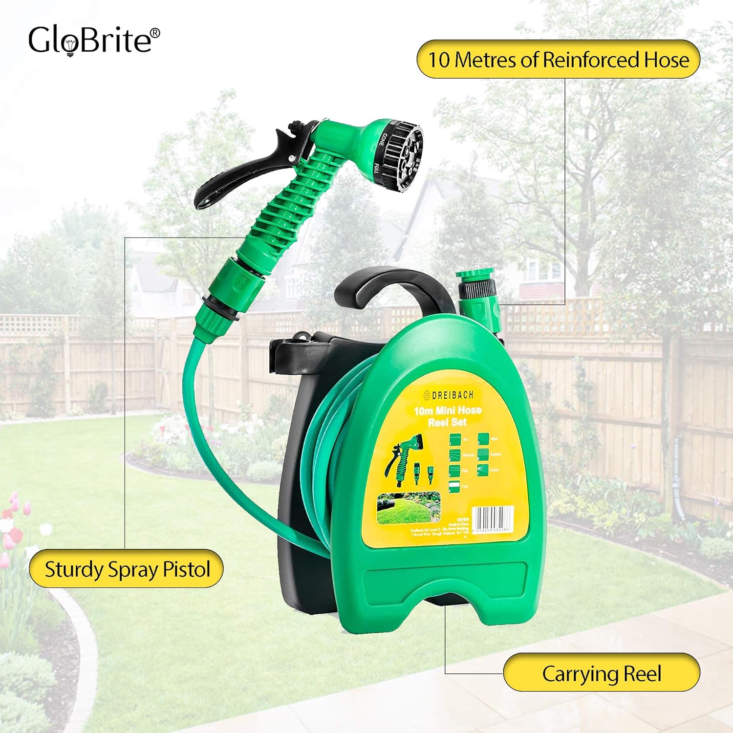 GloBrite Mini Hose Reel with 10m / 32ft Garden Hose Pipe Spray Gun & Adjustable Nozzle, Wall Mountable - Image 3