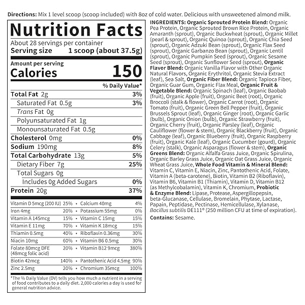 GARDEN OF LIFE MEAL REPLACEMENT SHAKES, RAW ORGANIC, VANILLA PROTEIN POWDER WITH PLANT BASED PEA PROTEIN, SPROUTS, GREENS, PROBIOTICS, DAIRY FREE 28 SERVINGS