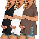 Ekouaer 3 Packs Women's Maternity Shirts V Neck Pregnancy Tops Short Sleeve Casual Workout Tees Side Split Mama Clothes