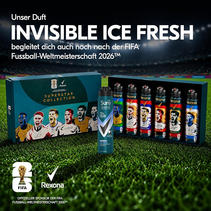 FIFA World Cup 2026TM Superstar Collection Geschenkset, Anti-Transpirant Deo-Spray für Männer, 72 h Schutz vor Schweiß und Geruch, Geschenkidee für Fans, Invisible Ice Fresh, 6 x 150ml
