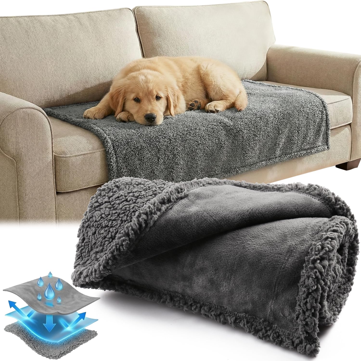 Onarway Waterproof Dog Blanket Small: 60cm x 80cm Grey Pet Throw for Bed Sofa & Car - Washable Sherpa Fleece Cover - Leakproof Puppy Pee Pad Protection - Warm Reversible Thermal Rug