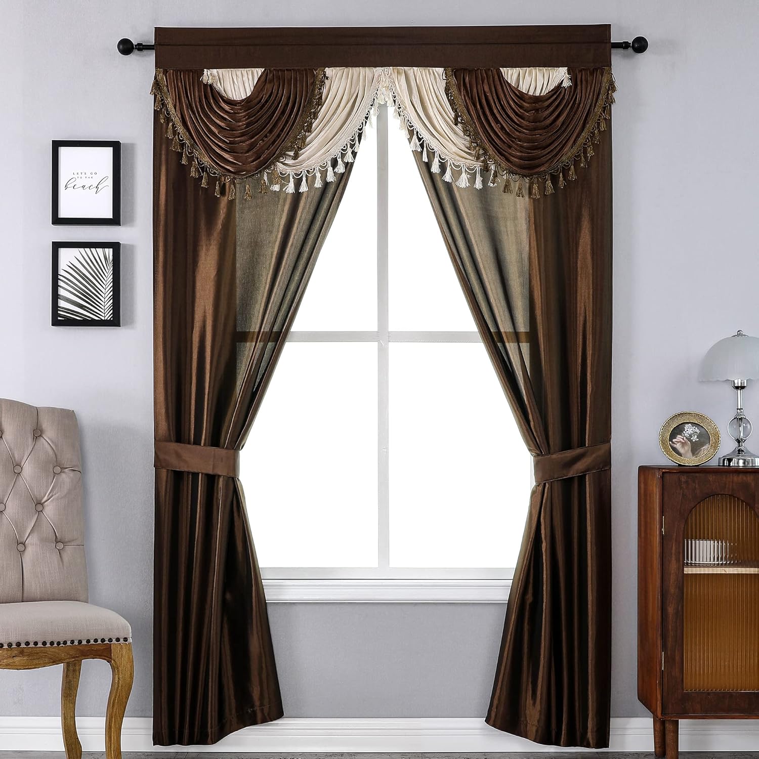 Window Treatments - Regal Home Collections Amore Curtains 5-Piece Window Curtain Set - 54-Inch W x 84-Inch L Panels with Attached Valance and 2 Tiebacks - Bedroom Curtains and Living Room Curtains (Brown)