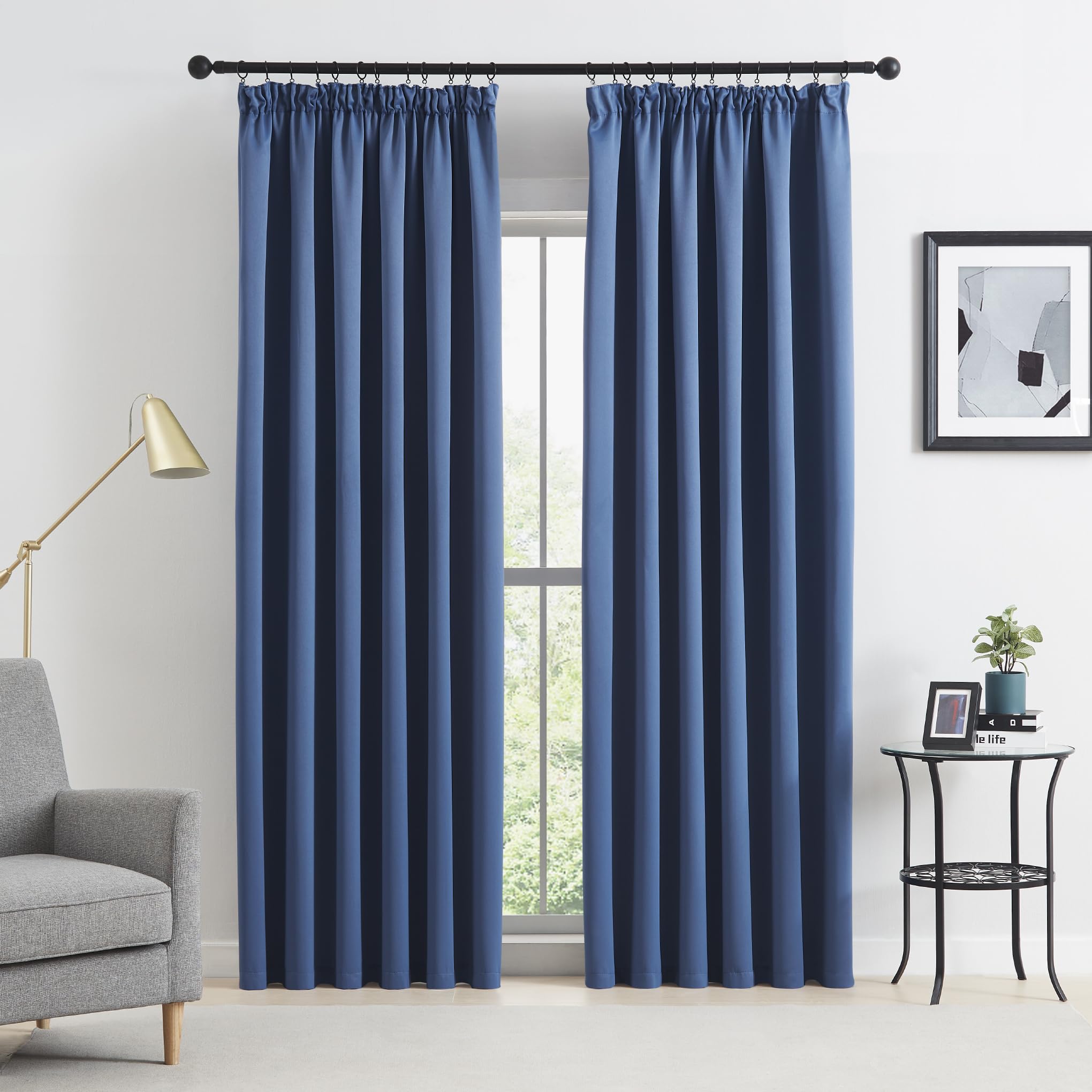 Beauoop Pencil Pleat Blackout Curtains for Living Room 90 inch Drop Navy Blue Curtains for Bedroom Rod Pocket Light Blocking Thermal Insulated Drapes Window Treatment 2 Panels, W66 x L90